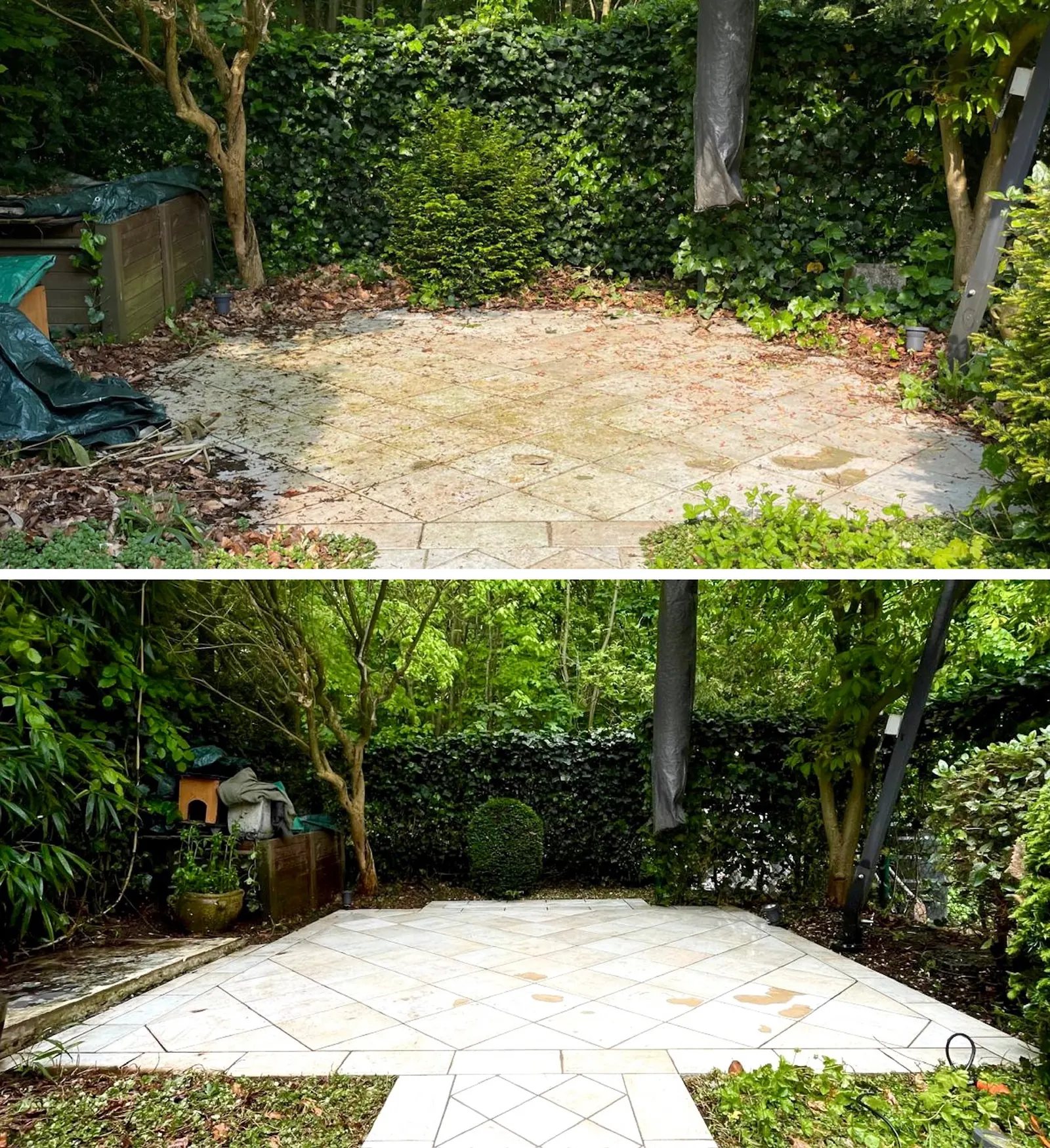 Montage : ancienne terrasse encrassée, puis terrasse neuve en dalles claires
