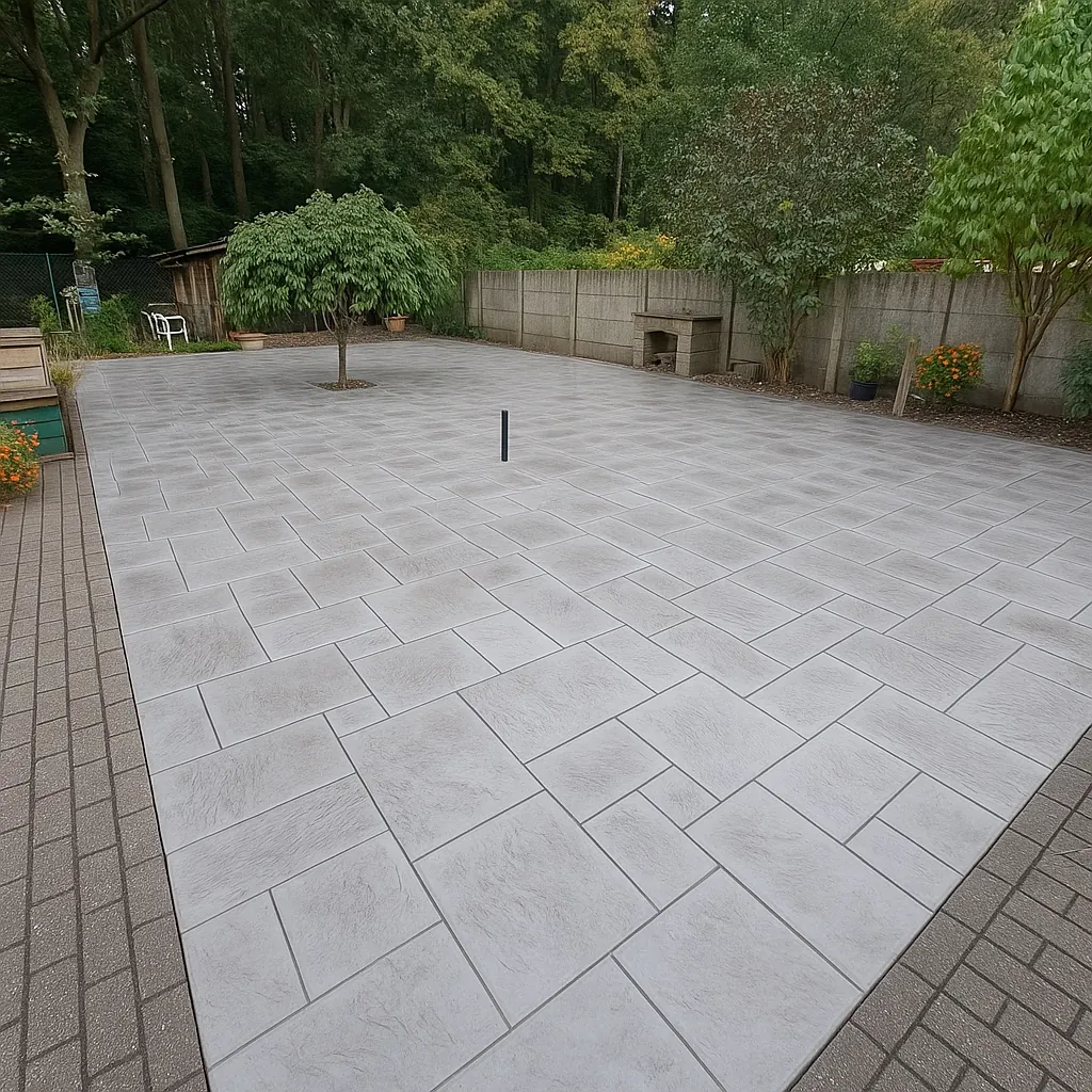 Vaste terrasse en dalles gris clair de plusieurs formats encadrée de pavés foncés